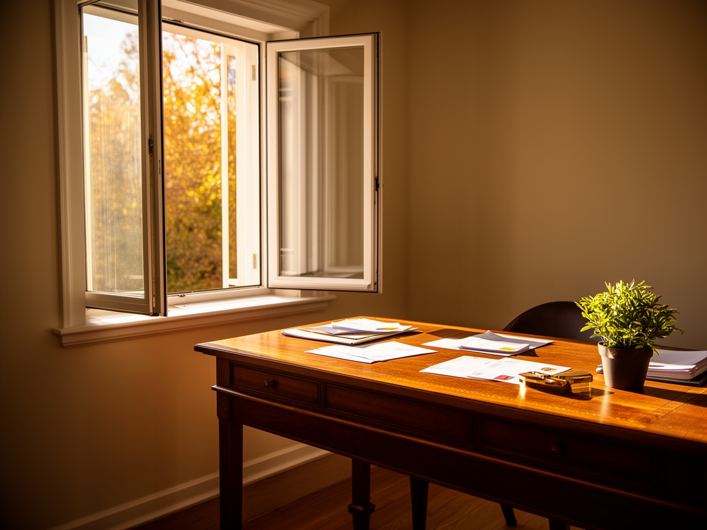 Sunlit study room with an open window, a wooden writing desk with correspondence materials and a small plant, warm afternoon light casting long shadows, calm and approachable atmosphere