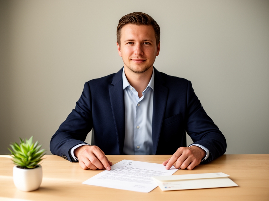 Open letter and envelope on a clean wooden desk with a small potted plant in soft natural light, suggesting correspondence and approachable communication