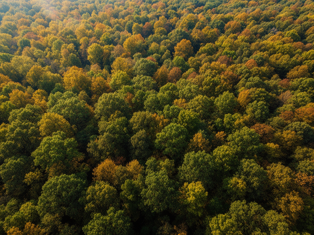 Aerial view of a dense forest canopy in autumn with varied green and amber tones, sunlight filtering through the treetops creating depth and natural complexity