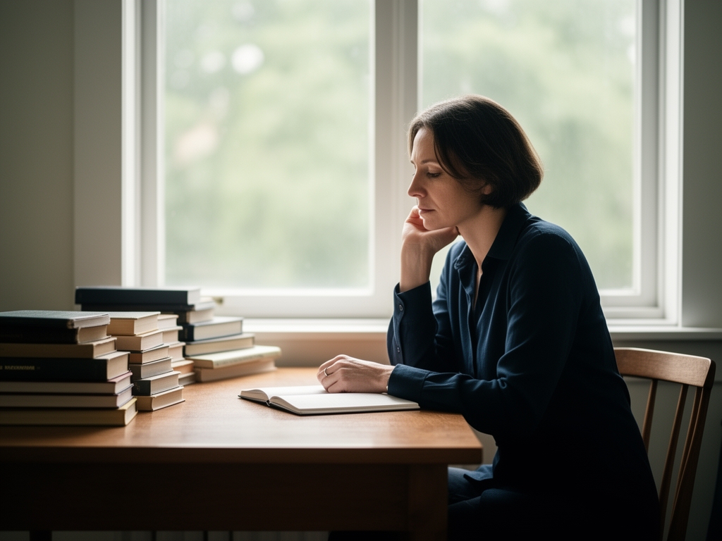 Person sitting in quiet contemplation at a wooden desk near a large window with soft natural daylight, surrounded by books and a notebook, evoking intellectual focus and calm