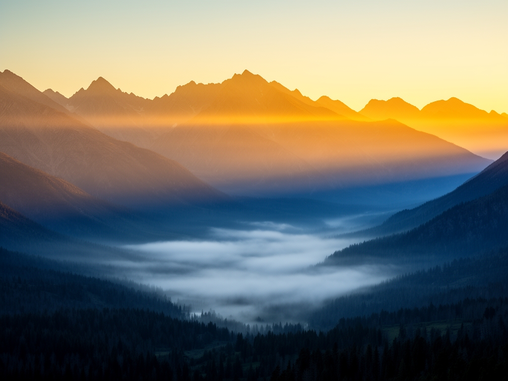 Expansive mountain landscape at early morning with soft mist in the valley and warm golden light breaking across the ridgeline, conveying a sense of vast perspective and calm focus