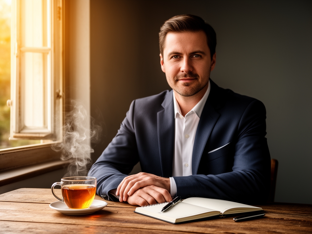 Quiet morning scene with a steaming cup of tea on a wooden surface beside a notebook and pen, warm early light through a partially open window, suggesting intentional start to the day