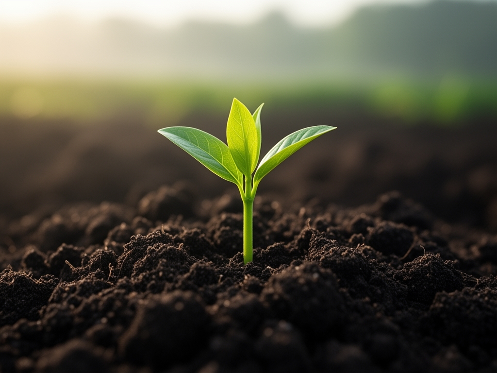 Young green shoot emerging from dark rich soil in early morning light with a shallow depth of field, representing incremental growth and process
